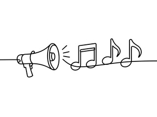 A simple line drawing of a megaphone connected to musical notes