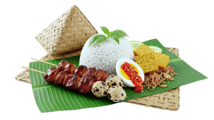 Indonesian Nasi Goreng dish with grilled meat, egg, tempeh, and rice