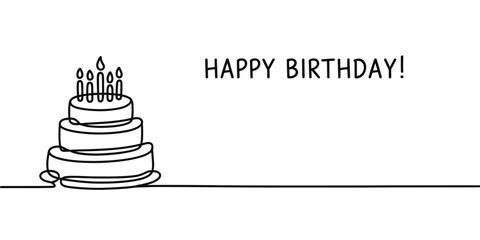 A simple line drawing of a birthday cake with candles and the words 'HAPPY BIRTHDAY' on a white background