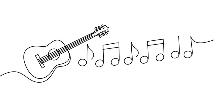 A minimalist line drawing of an acoustic guitar with musical notes