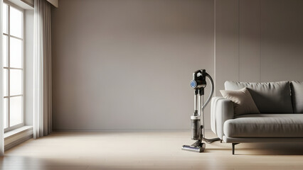 Cordless vacuum cleaner standing in a modern minimalist living room with a sofa and natural light for home cleaning concept and tidiness