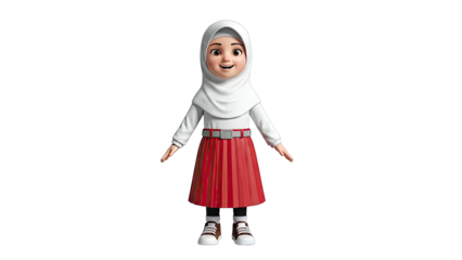 3D Cartoon Girl in Hijab and Red Pleated Skirt