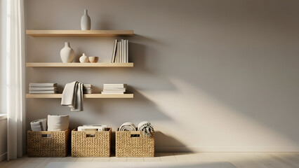 Organized minimalist home interior with wooden shelves, decorative items, and baskets for modern living concept and ample copy space