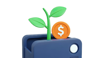 3D Illustration of Plant Growing from Wallet with Dollar Coin