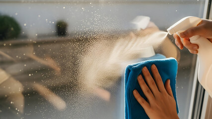 Hands spraying glass cleaner and wiping a window with a blue microfiber cloth for sparkling home hygiene concept and effective household maintenance