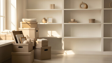 Stacks of cardboard moving boxes and empty shelves in a bright, minimalist room for new home concept and fresh start organization