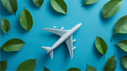 White airplane model surrounded by green leaves on a blue background, representing eco-friendly aviation and sustainable travel concepts for environmental conservation