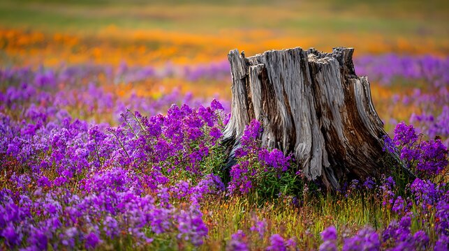 Weathered tree stump amidst a vibrant meadow filled with colorful wildflowers in full bloom