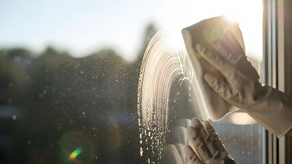 Close up of a hand in gloves cleaning a window with a cloth and detergent foam during a bright sunny day for a spring cleaning concept