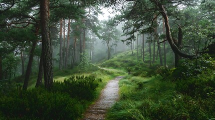 Obraz premium Winding path through lush, misty forest, evoking a sense of tranquility and mystery