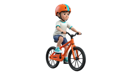 Cartoon boy riding an orange bicycle with a helmet