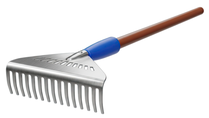 Close-up of a Metal Leaf Rake with Blue and Brown Handle
