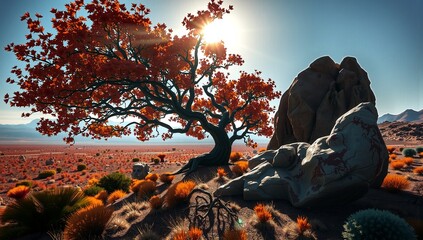 Sunlit Tree in Barren Desert