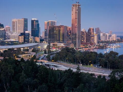 City skyline at dusk