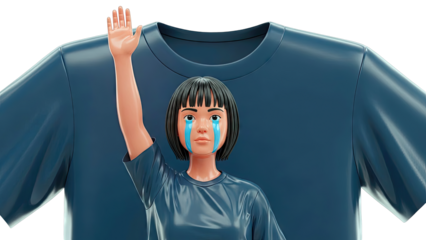 Crying Person with Raised Hand Behind a T-Shirt