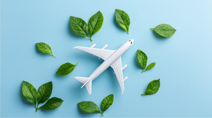 White airplane model with green leaves on a light blue background, representing sustainable travel, eco-friendly aviation, and environmental conservation in the tourism industry