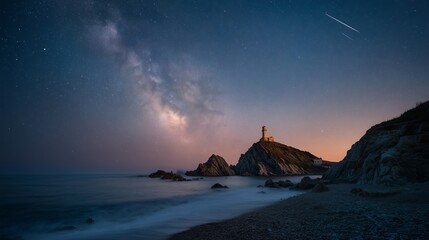 Lighthouse on rocky coast under starry night sky with milky way. Ocean waves softly hit shore below. Meteor streaks across the galaxy above. Calm sea horizon glows with distant light