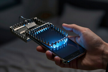 A hand reaching for a smartphone that has a bear trap on its screen. Concept of digital addiction, social media obsession, and entrapment.