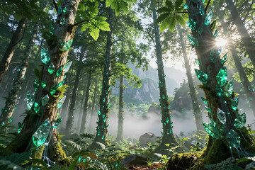 Crystalline trees with emerald glass leaves harvesting sunlight in a forest. Concept of crystalline energy, light storage, and future nature.
