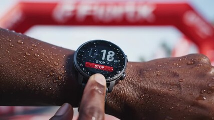Athletes engage in an exciting race, tracking their progress on smartwatches. Each countdown brings anticipation, and the celebration at the finish line is electric and full of joy.