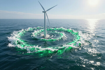 Ocean waves shaped as energy turbines powering clean future. Concept of renewable marine energy, balance, and environmental innovation.