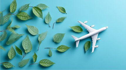 White airplane model flying through scattered green leaves on a blue background, conceptual representation of sustainable aviation, eco-friendly travel, and green transportation
