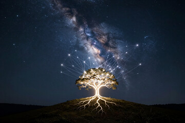 A cosmic web in the Milky Way channels solar winds to a glowing heart-tree on a hill, feeding light to earth. Concept of harvesting celestial energy for the planet.