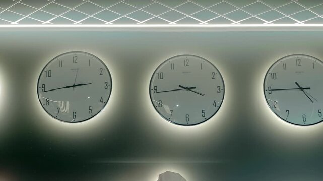 A row of white round clocks on the wall with backlighting showing the time in different time zones. Shot in motion