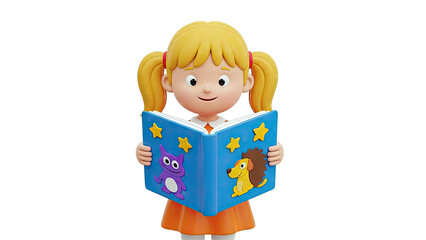 3D Cartoon Girl Reading a Book with Animal Illustrations