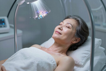 Senior woman receiving light-based cellular therapy in a chamber. Concept of anti-aging, rejuvenation, and future longevity.
