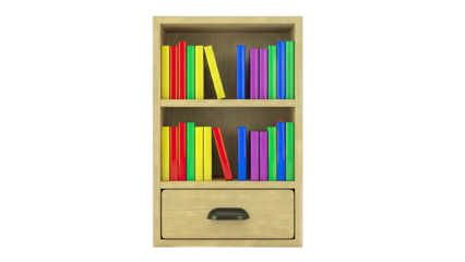Wooden Bookshelf with Colorful Books and a Drawer