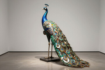 An art nouveau peacock sculpture with a tail mosaic made from motherboard and ceramic fragments. Concept of e-waste and ceramics transformed into high art.