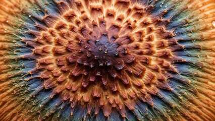 Detailed macro shot of a vibrant, textured botanical center with radial patterns and warm earthy tones.