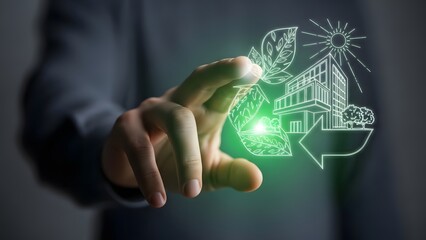 Human hand interacting with a vibrant holographic projection representing sustainable development, green energy solutions, environmental protection, and a future-focused eco-friendly world