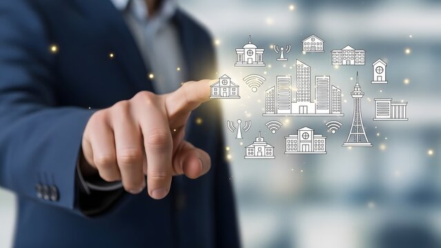 Business professional interacting with glowing digital interface displaying various building icons, symbolizing urban planning, smart city development, and digital infrastructure management - Powered by Adobe
