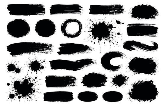 Grunge hand drawn brush strokes and ink splatters set featuring various shapes and textures for creative design projects
