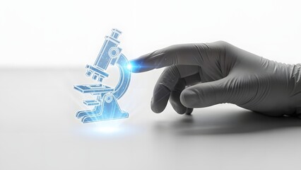 Gloved Hand Interacting with a Futuristic Holographic Microscope, Symbolizing Advanced Scientific Research and Digital Innovation in Modern Laboratories and Biotech Discoveries