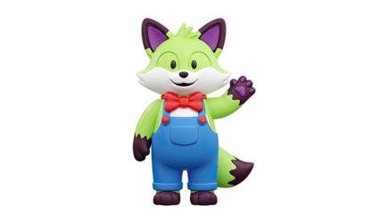 Green Fox Character in Overalls Waving