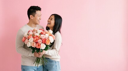 Happy Asian Couple Holding Rose Bouquet on Pink Background with Copy Space