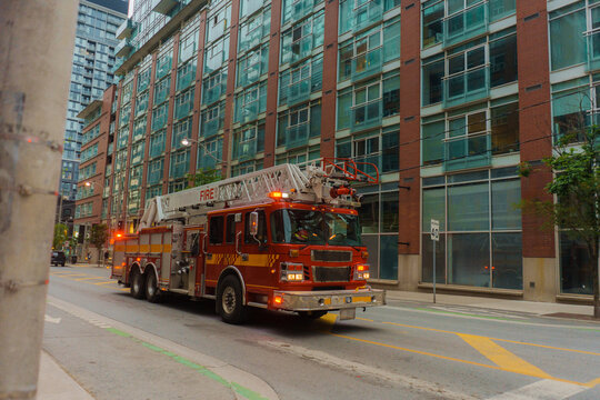 A fire truck on the street in downtown Calgary, Canada 