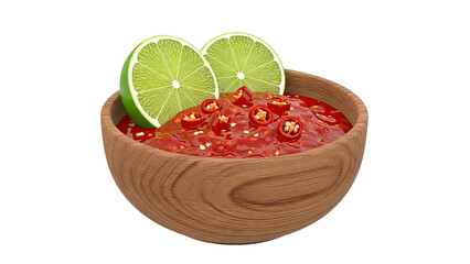 Chili Sauce with Lime Slices in a Wooden Bowl