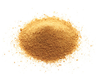 Coconut palm sugar isolated on white background, top view