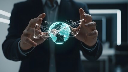 A person's hands delicately hold a vibrant holographic globe, illustrating concepts of global digital connectivity, advanced technology, and worldwide business solutions