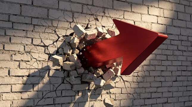 Red Arrow Smashing Through White Brick Wall 3D Render