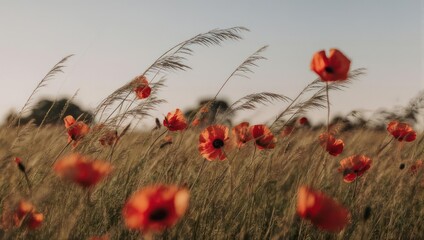 Field of Red Poppies Swaying in the Wind with Tall Grasses.