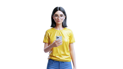 3D Render of a Young Woman with Glasses Holding a Smartphone
