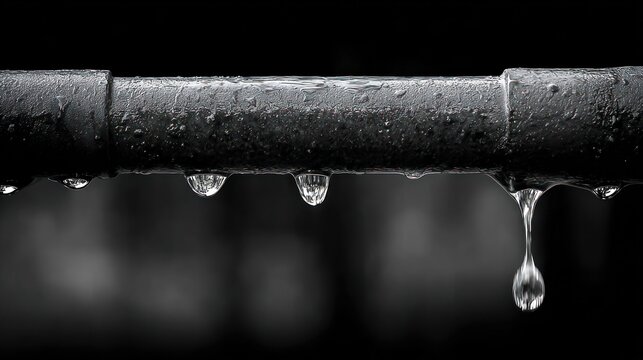 Close-up of a wet, dark pipe with water droplets clinging and falling off its surface