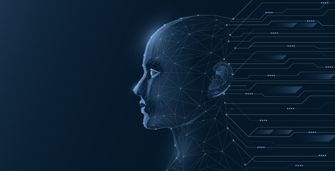 A futuristic representation of a human head with digital circuits, symbolizing the intersection of technology and human intelligence.