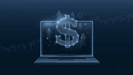 A digital laptop displaying a glowing dollar sign, symbolizing online finance and growth in the business sector. Ideal for financial technology themes.