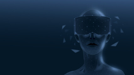 Futuristic virtual reality experience with a humanoid figure wearing VR goggles, showcasing a digital interface with glowing elements and abstract shapes.
